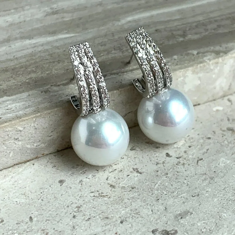 NEW ~ Anthropologie Shashi Classique Pave Pearl Silver Hoop Earrings